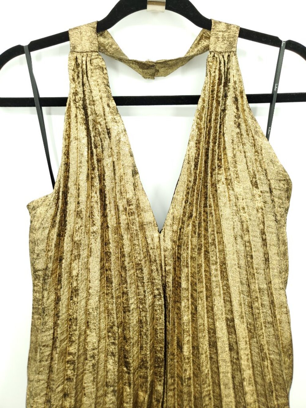 Lulus Gelsey Gold Lurex Pleated Halter Shift Maxi Dress L - Picture 7 of 16